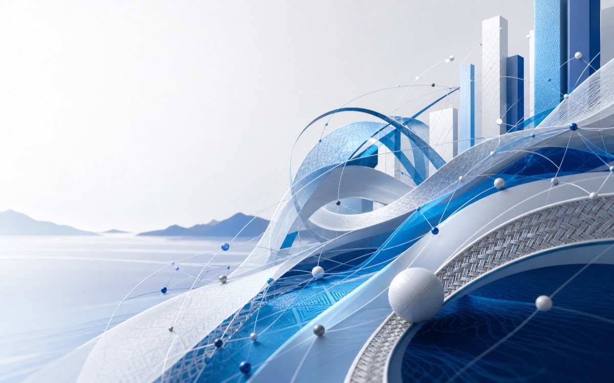 Abstract blue and white flowing forms connecting Pacific-inspired woven patterns and digital nodes